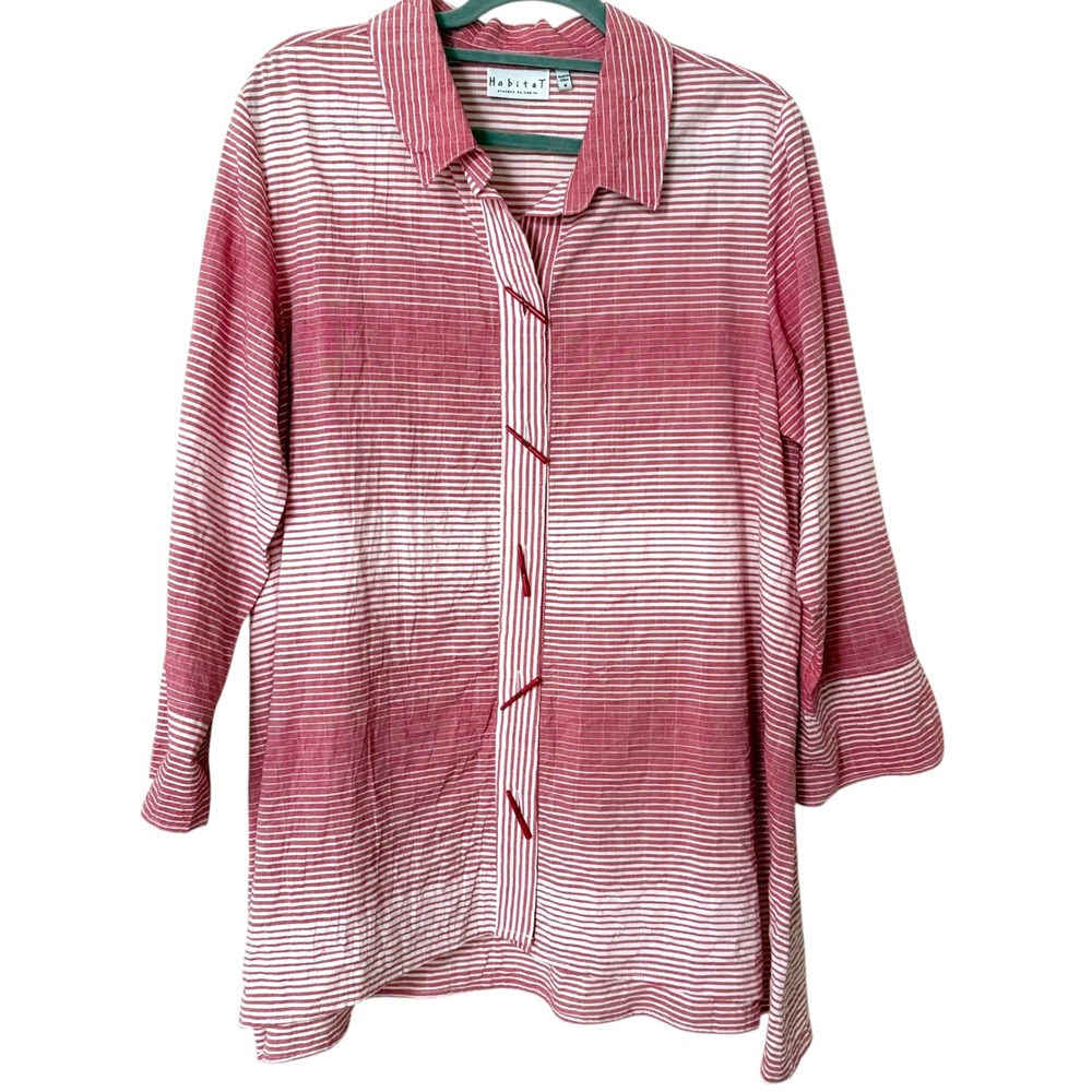 Habitat Womens Medium Tunic Shirt Red White Striped Lagenlook Relaxed Fit Travel
